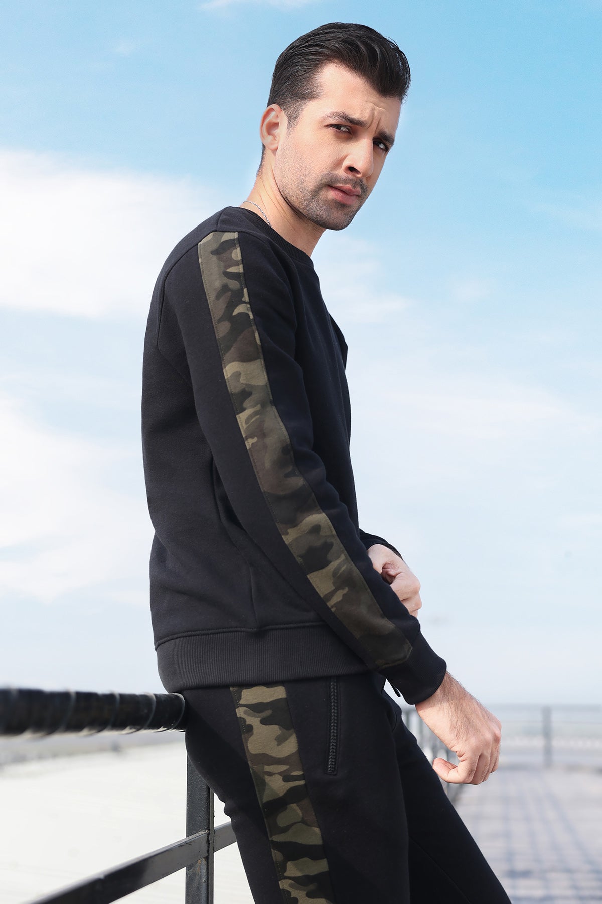 Black Performance Tracksuit With Camouflage Panels