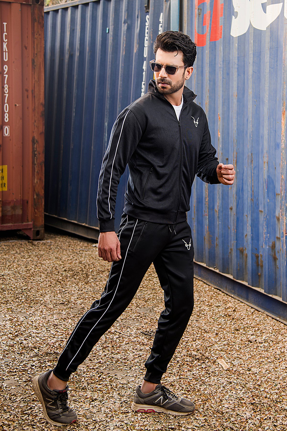 Black Tracksuit With Double White Piping